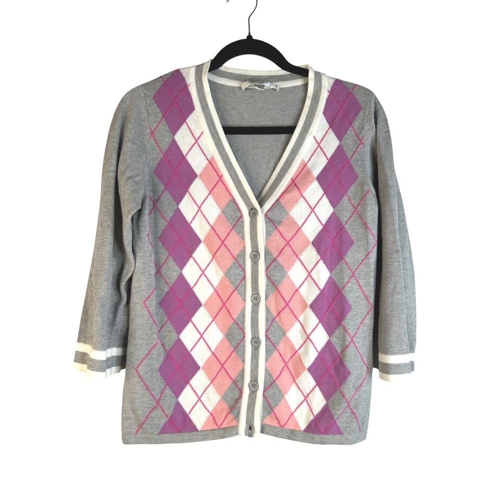 Liz Claiborne Preppy‎ Gray Argyle Button Front Classic Cardigan Sweater Size XS